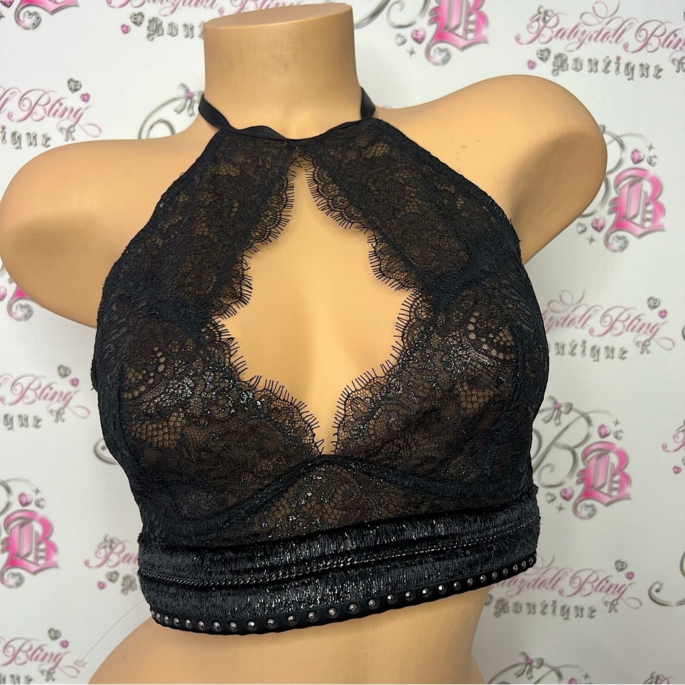 Victoria secret halter top black studded bling open keyhole front mesh black y2k